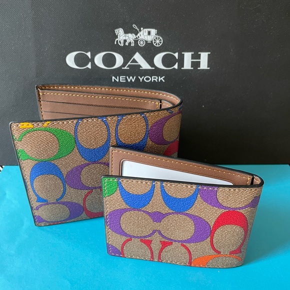 NWT Coach 3 In 1 Wallet In Rainbow Signature Canvas Gunmetal/Khaki Multi - Picture 7 of 8